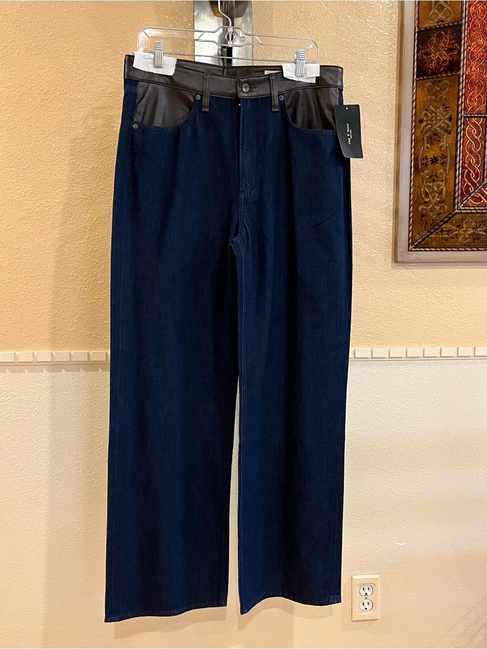 Rag & bone Lori mid-rise wide-leg jeans w/ faux leather accents Dark blue 30 NWT - Picture 2 of 12